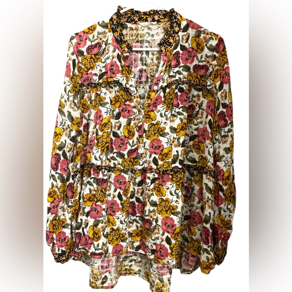 💎💖💛Vibrant Yellow and pink Notched Collar Blouse 100%rayon